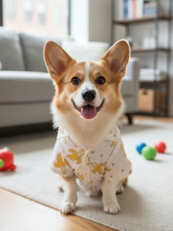 Small dog wearing a yellow banana print cotton shirt on a walk.