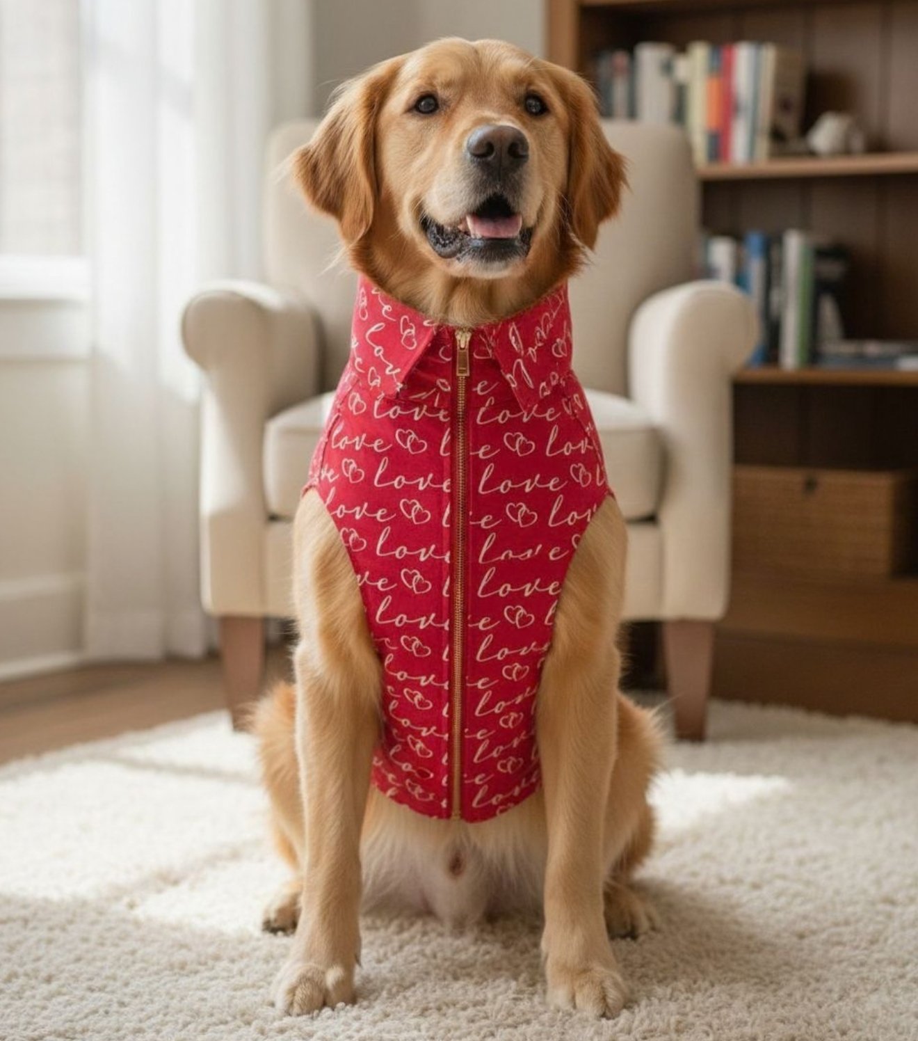 Celebrate Puppy Love: Valentine’s Day “Love Print” Dog Shirt with Easy-Zip Closure